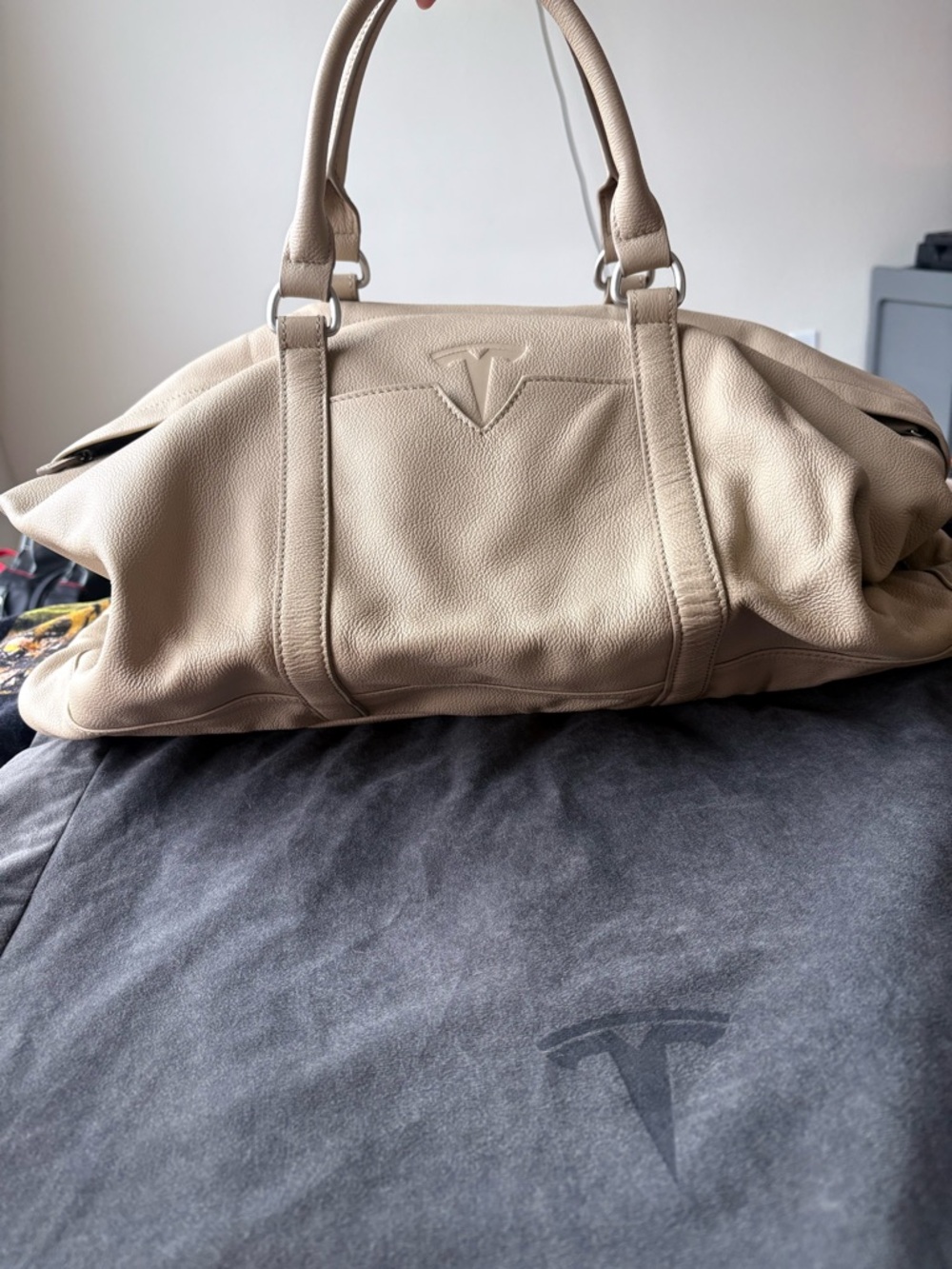 Tesla Beige Leather Duffel Bag with Embossed Logo